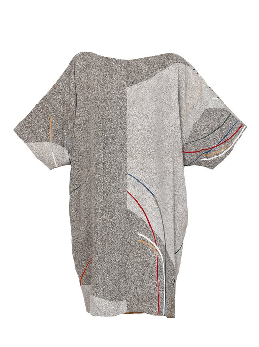 キモノワンピースドレス|グレー_有機的柄