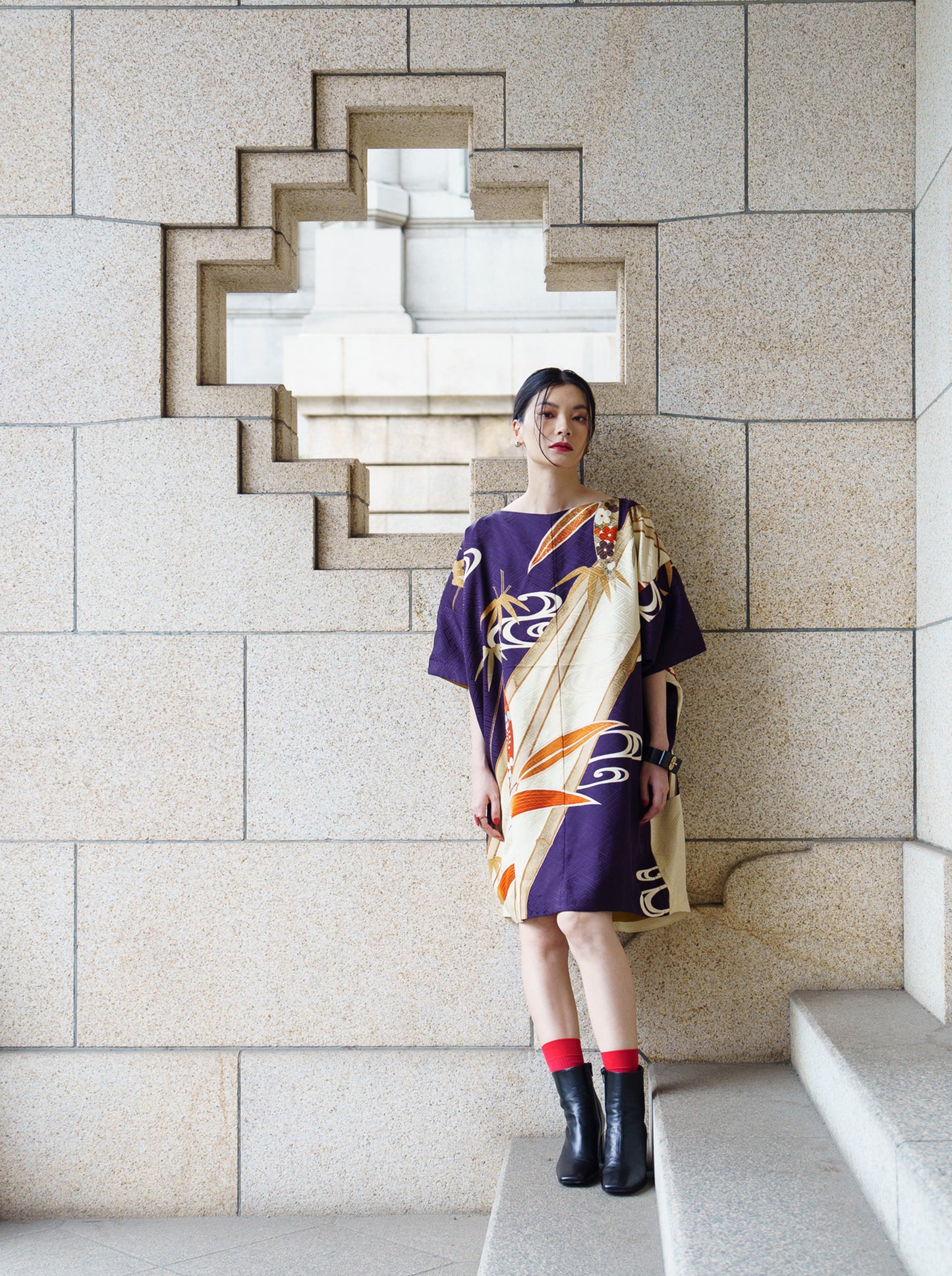 キモノワンピースドレス|紫_草花_幾何学