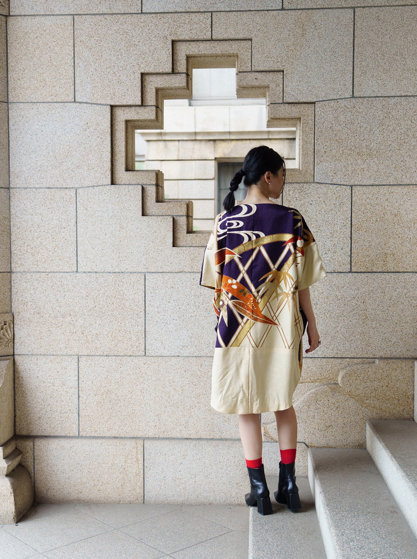 キモノワンピースドレス|紫_草花_幾何学