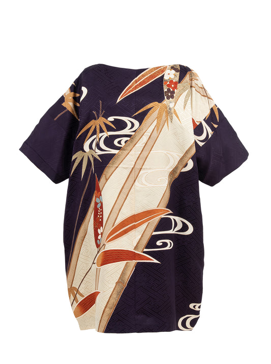 キモノワンピースドレス|紫_草花_幾何学