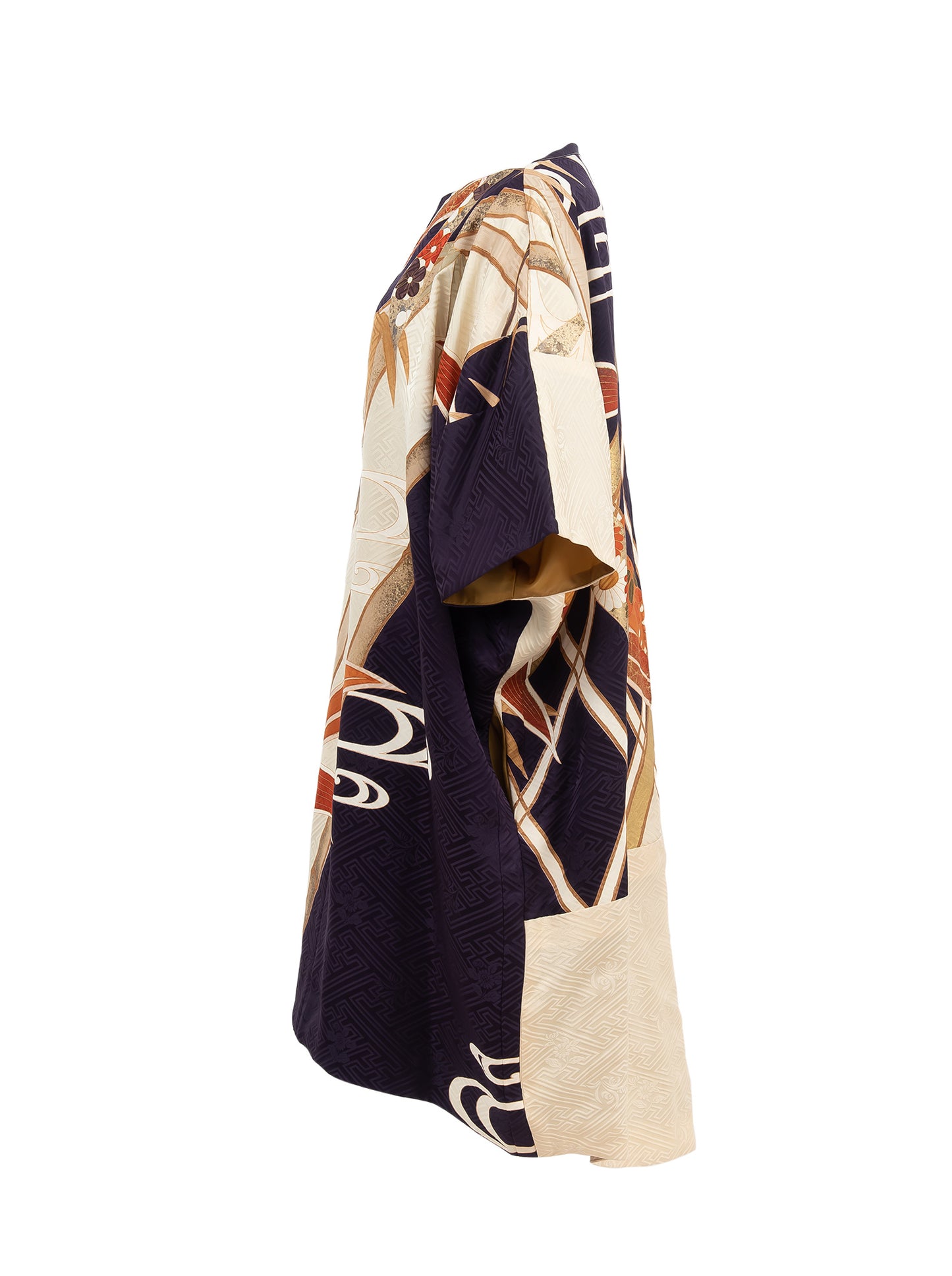 キモノワンピースドレス|紫_草花_幾何学