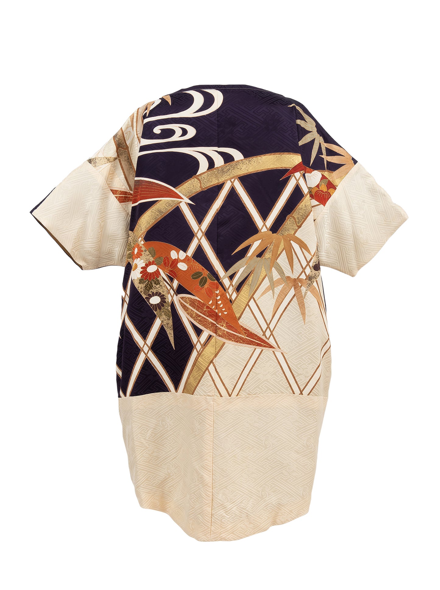 キモノワンピースドレス|紫_草花_幾何学