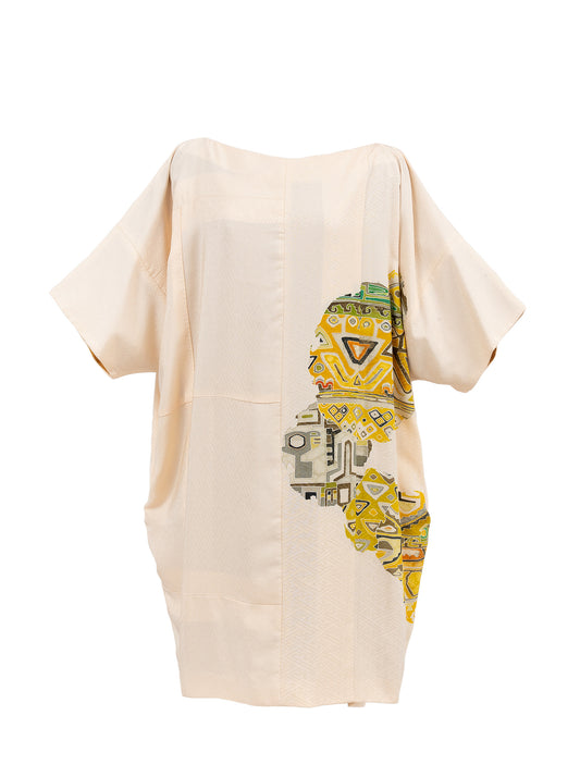 キモノワンピース|イエロー_幾何学_菱紋地模様