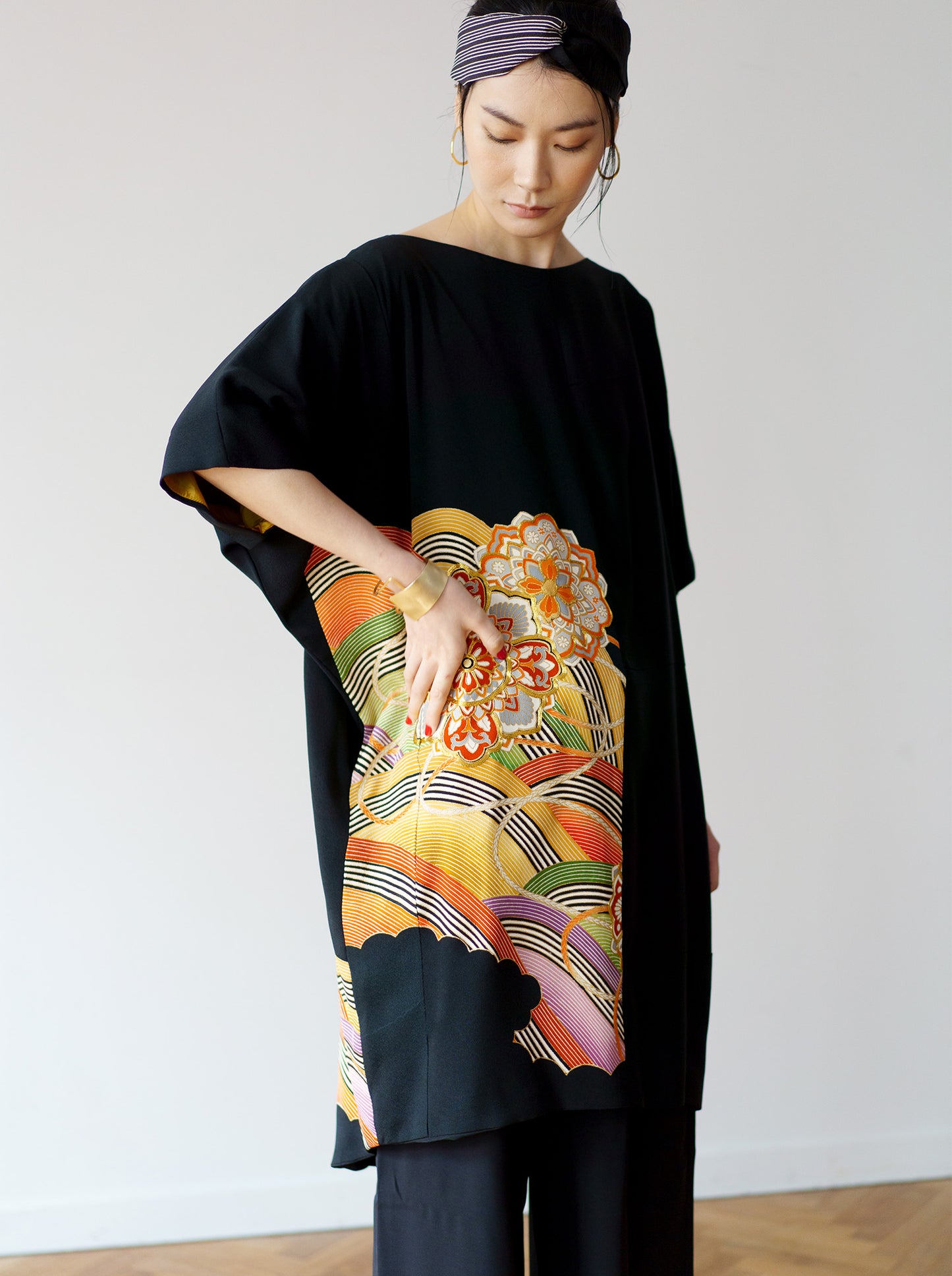 キモノワンピースドレス|カラフル花_波