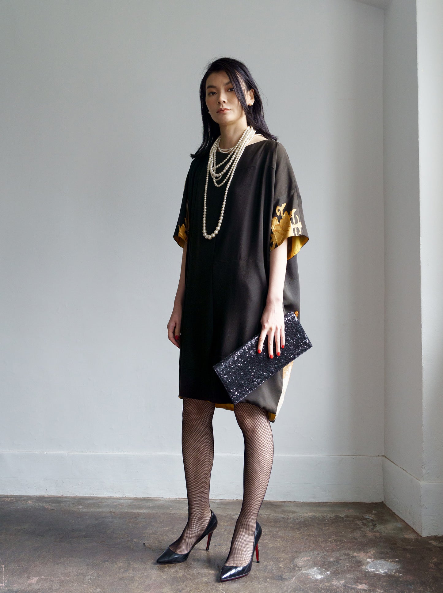 キモノワンピースドレス|金銀_草花_幾何学