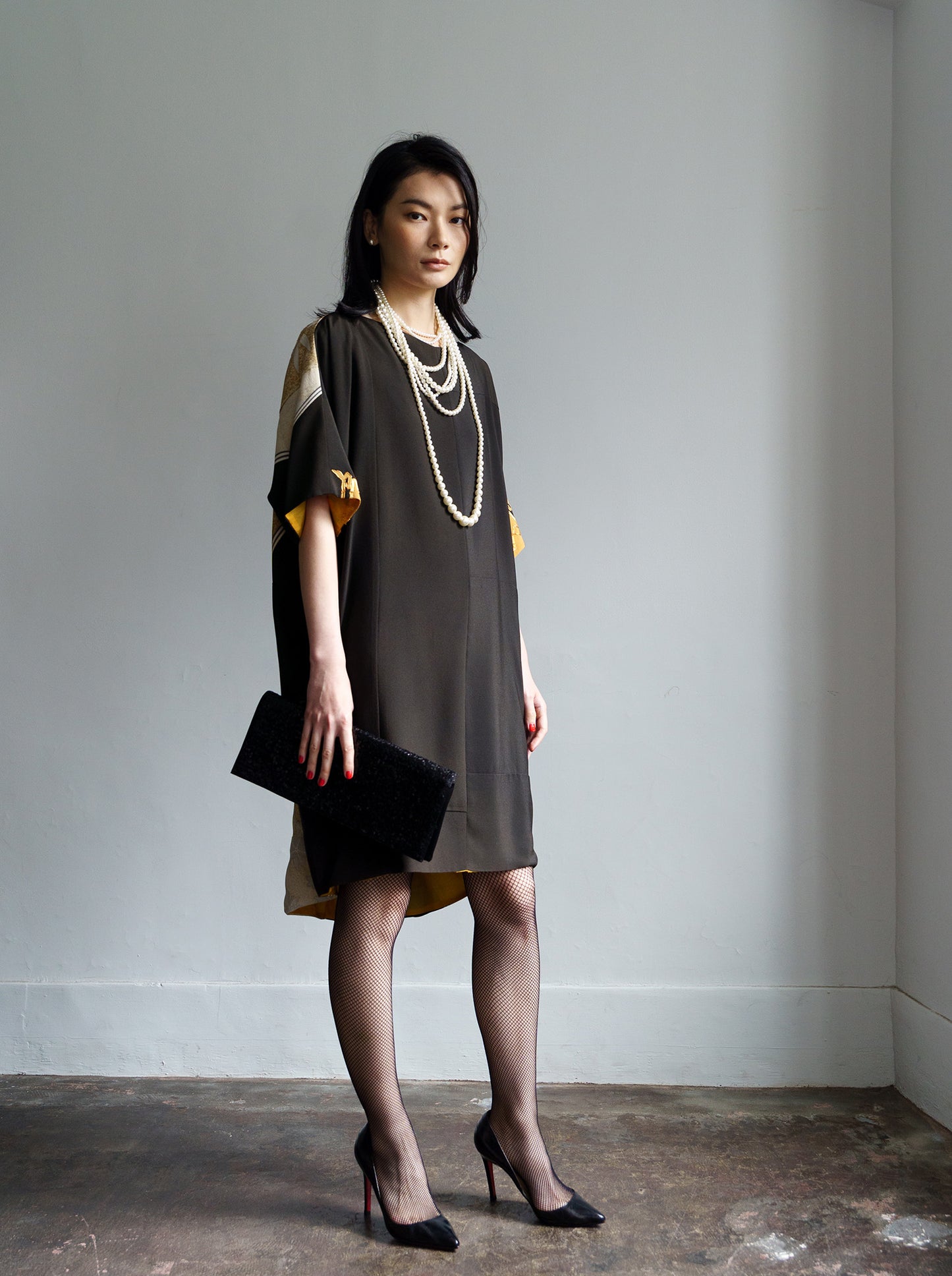 キモノワンピースドレス|金銀_草花_幾何学