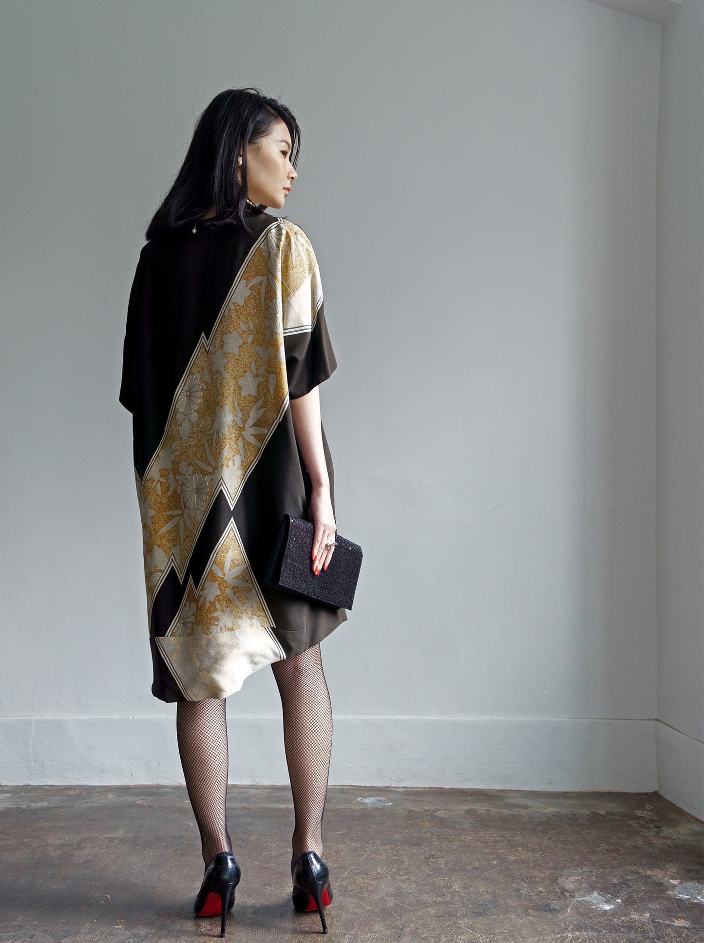 キモノワンピースドレス|金銀_草花_幾何学