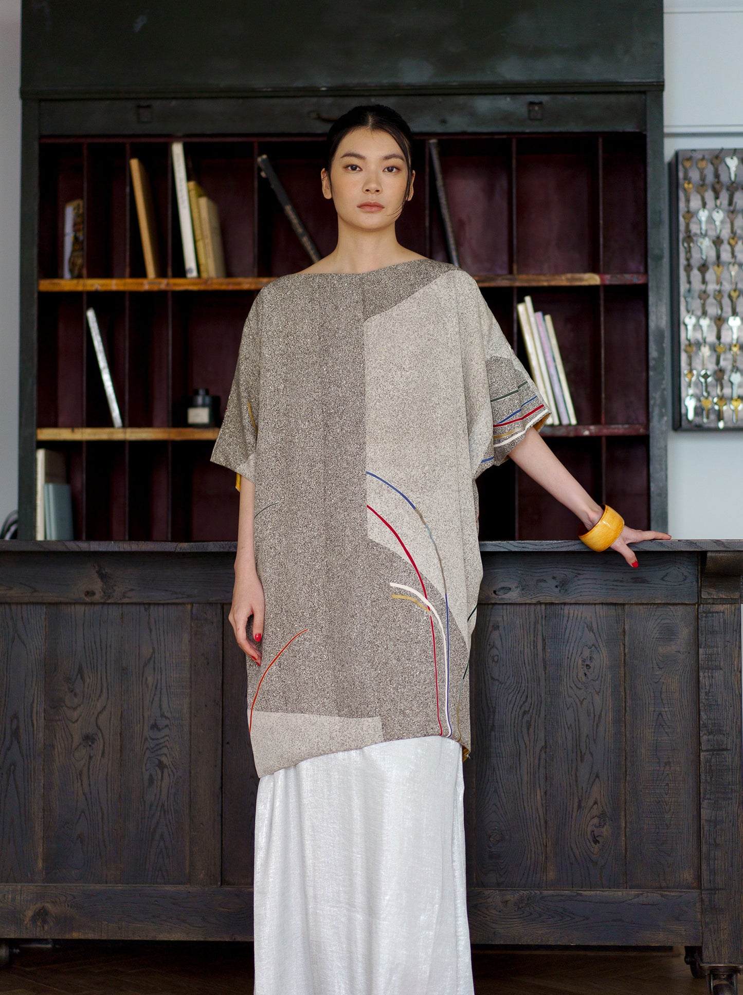 キモノワンピースドレス|グレー_有機的柄